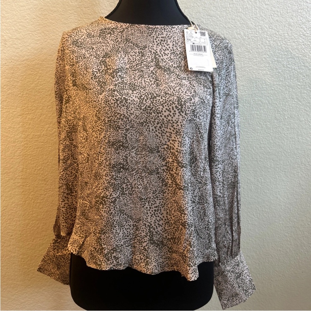Mango Women's Beige Animal Print Patterned Blouse Longsleeve Stylish XXS NWT - Picture 2 of 8